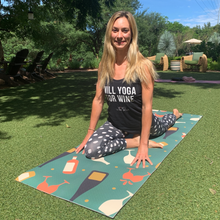 Load image into Gallery viewer, white female with blonde hair doing yoga pose on a yoga mat with wine bottle design at a park
