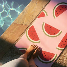 Load image into Gallery viewer, yoga mat with watermelon design laid out by swimming pool

