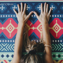 Load image into Gallery viewer, vibrant geometric yoga mat with girl&#39;s hands
