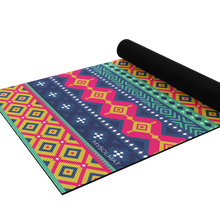 Load image into Gallery viewer, vibrant geometric yoga mat half rolled
