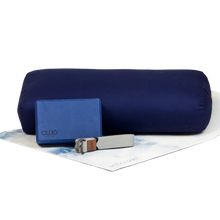 Load image into Gallery viewer, navy blue yoga bolster with blue block gray strap and tye dye yoga mat

