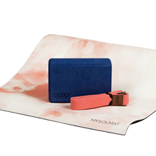 Load image into Gallery viewer, Coral yoga strap with blue block and pink yoga mat
