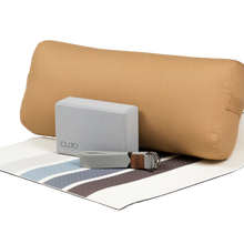 Load image into Gallery viewer, camel tan yoga bolster with gray block gray strap and striped yoga mat
