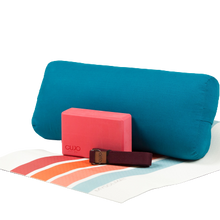 Load image into Gallery viewer, teal yoga bolster with stripped mat and pink block
