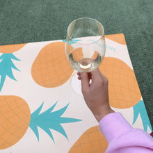 Load image into Gallery viewer, pineapple yoga mat with girl holding a wine glass
